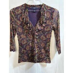 Chaps Denim by Ralph Lauren Women PS Floral Top Ruffle V-Neck Lined Mesh Purple